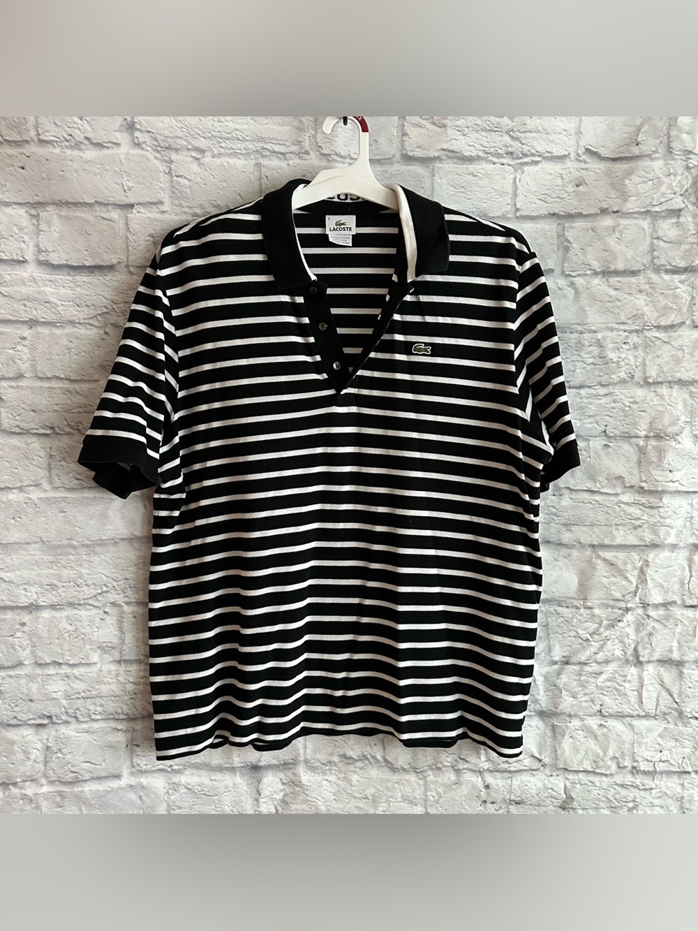 PREOWNED LACOSTE BLACK WHITE STRIPE MENS POLO SHIRT SIZE XL 8
